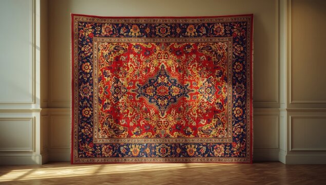 Colorful floral patterned woven carpet with intricate square designs serving as interior decor, World Environment Day