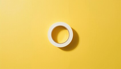 Close-up of a white adhesive tape roll on vibrant yellow background for sealing and fixing tasks