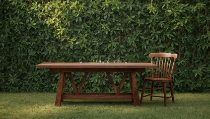 Fototapeta premium Rustic wooden garden furniture designed for outdoor relaxation, highlighting aged textures and natural finishes