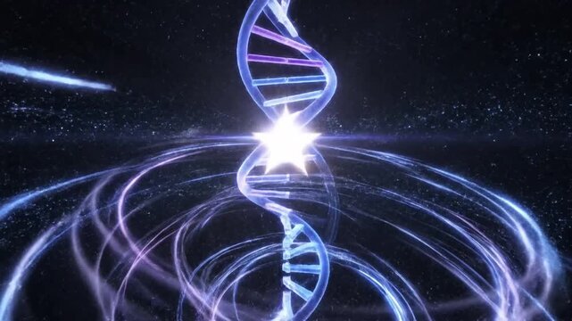 Glowing DNA Helix Structure with Vibrant Blue and Purple Hues in Space.