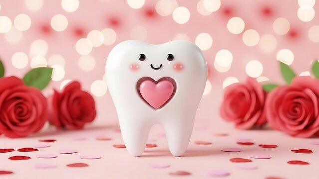 Adorable tooth character with a heart on a pink background with roses