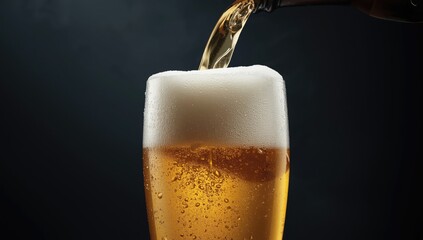 Lager beer being poured into a glass against a dark backdrop, highlighting act of serving and foam formation