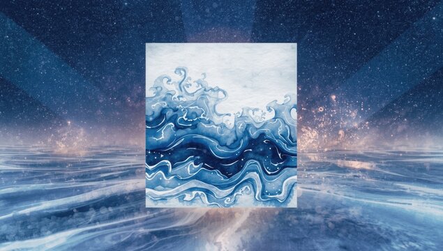 Serene sky and ocean waves in watercolor style with blue patterns and textured surface, ideal for layout backgrounds