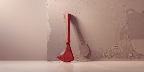 Close-up of a red-handled adze placed against a recently plastered concrete surface, with a trowel nearby, construction activity