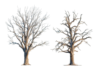 Two winter trees, one covered in snow, the other with minimal traces