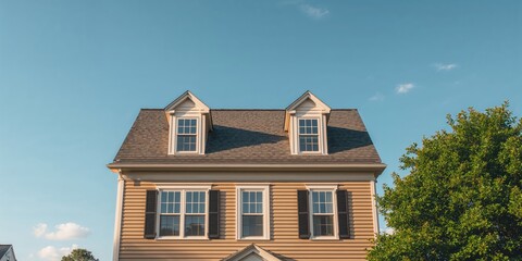 Freshly built classic-style home exterior with attic and dormer windows, highlighting residential design