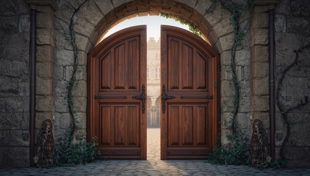 Rustic wooden doors of a medieval castle, aged wood texture preservation efforts