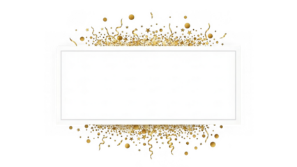Golden confetti border frame with white rectangle isolated on transparent background