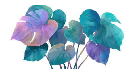 A vibrant watercolor illustration of lush, oversized leaves in shades of teal, purple, and pink