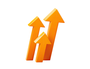 Three orange 3D arrows point upward, on a black background, suggesting growth