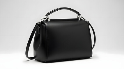 Black leather handbag with long strap and top handle