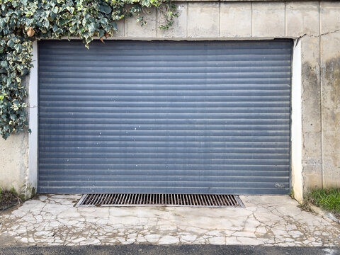 Weathered garage door with ivy-covered concrete walls