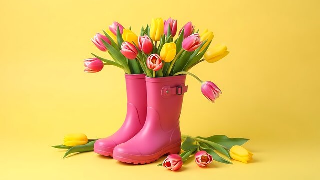 Vibrant tulips in pink rain boots illustration
