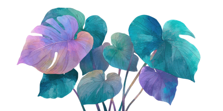 A vibrant watercolor illustration of lush, oversized leaves in shades of teal, purple, and pink - Powered by Adobe