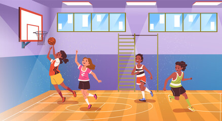 Kids basketball gym. Children playing basketball game in school court, kid boy throw ball in basket hoop child sport team little athlete player, cartoon classy vector illustration
