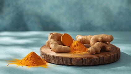 Powdered turmeric and ginger alongside roots on a wooden surface, highlighting spice preparation practices