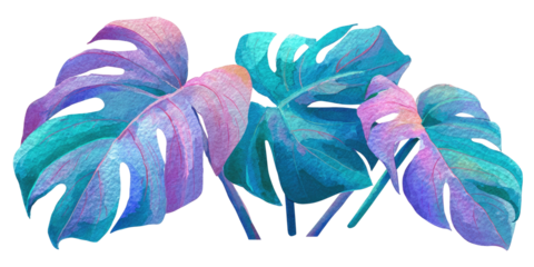 Artistic depiction of several large leaves, with layered and colorful watercolor gradient