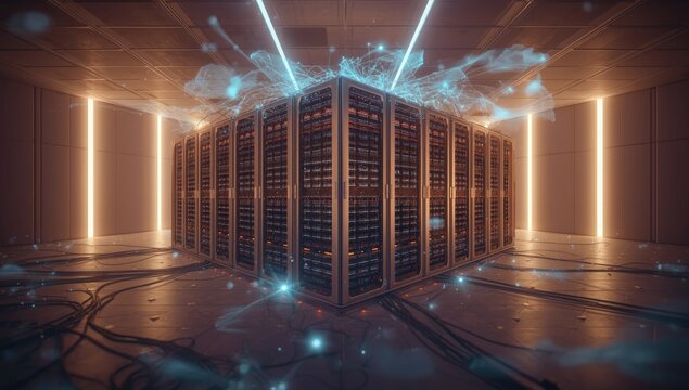 Server room with interconnected data networks supporting business operations, highlighting technology infrastructure - Powered by Adobe