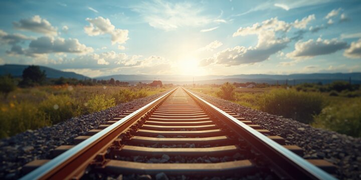 Extending railway rails in a scenic landscape background highlighting transportation infrastructure