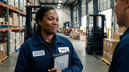 African american woman warehouse worker holding tablet and smiling while talking to male colleague in distribution center. Logistics management and industrial teamwork