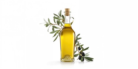 Olive oil bottle and olive branch with white backdrop, natural ingredients