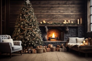 Fototapeta premium Christmas tree and glowing fireplace presenting warmth and comfort in a rustic cabin interior