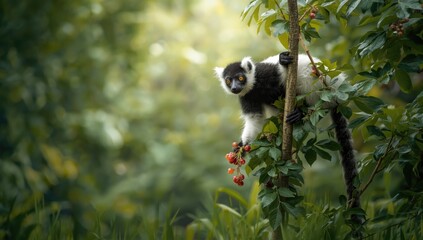Fototapeta premium Lemur in black and white among leaves, demonstrating wildlife observation for ecological preservation