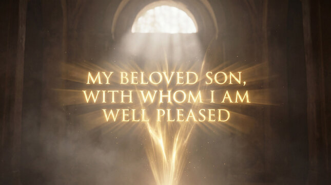 Golden text of biblical scripture My Beloved Son with Whom I Am Well Pleased. Divine light rays in ancient stone church background. Religious concept of the baptism of Jesus and holy spirit
