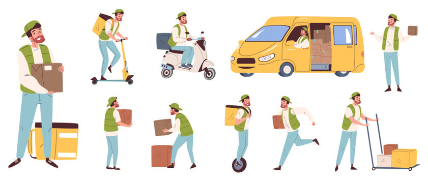 Delivery guy. Courier logistic service worker, deliver man postman holding freight box ride on transport scooter delivers shop orders, cartoon character classy vector illustration