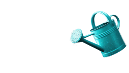 A vibrant turquoise watering can, spilling water drops, against a stark black background