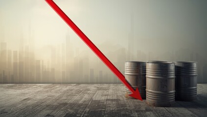 Multiple oil barrels next to a downward trend line, assessing energy resource decline, no holiday associated