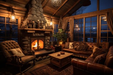 Fototapeta premium Rustic living room in a log cabin featuring a stone fireplace and leather furniture