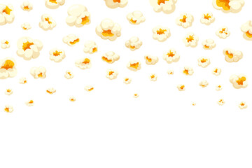Falling popcorn. Flying popcorn background, pop corn kernels cinema theater snack food movie banner design sweet or salty popping corn, cartoon wallpaper kicky vector illustration