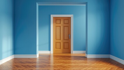 Fototapeta premium Residential entryway featuring a wooden door, wooden floorboards, and blue painted walls for interior decor