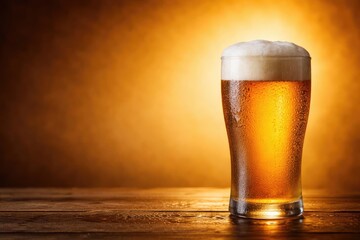 Ample copy space backdrop showing frosted beer glass with bold yellow light