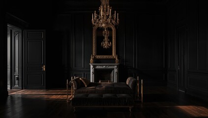 Fototapeta premium Castle interior featuring black walls vintage door chandelier sofa and mirror, suitable for architectural planning