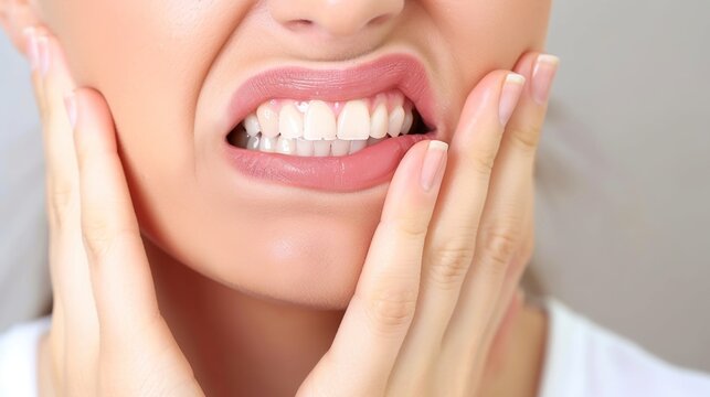 Sensitive teeth pain with uncomfortable facial expression, sore gums and painful reaction to hot cold or sweet stimuli, showing dental health problem and oral care concept for medical.