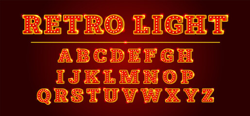 Bulb alphabet. Circus light font effect, retro cinema theater signage marquee lamp broadwey sign typography letters vintage neon casino signboard design, kicky vector illustration