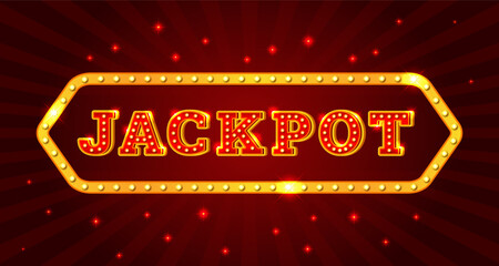 Jackpot light bulb banner. Big win casino slot machine game screen background, retro signboard style shining bulbs lamp prize winner vintage vegas letter, kicky vector illustration