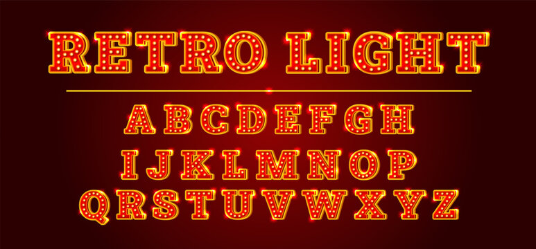 Bulb alphabet. Circus light font effect, retro cinema theater signage marquee lamp broadwey sign typography letters vintage neon casino signboard design, kicky vector illustration