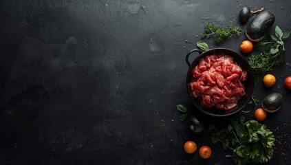 Minced meat with seasonings and ingredients in a bowl on a black stone surface, food prep techniques