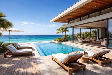 Fototapeta premium Modern luxury beach house featuring a sea view pool and spacious terrace with wooden deck lounge chairs