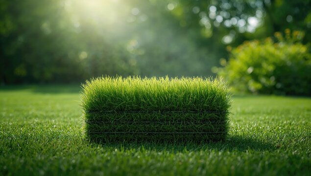 Bundles of sod rolls showing grass patches, used for gardening and landscaping projects