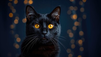 Dark blue backdrop featuring a black cat and Christmas lights, ideal for seasonal design backgrounds