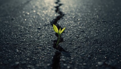 Detailed shot of a young green sprout breaking through asphalt, highlighting urban nature resilience