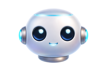 Cute artificial intelligence robot character icon with glowing interface isolated on white.