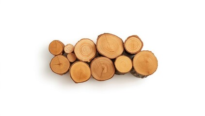 Collection of wood stump slices on a white backdrop, ideal for pattern or texture use