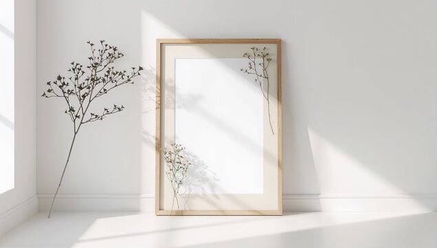 Wall-mounted wooden frame featuring zamia flower decor, ideal for editorial header backgrounds