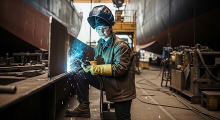 Welding worker in protective gear working on metal structure in industrial setting