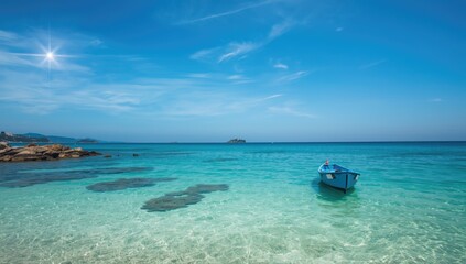 Sailboat floating in calm blue water under a bright sky, suitable for ocean-themed UI backgrounds